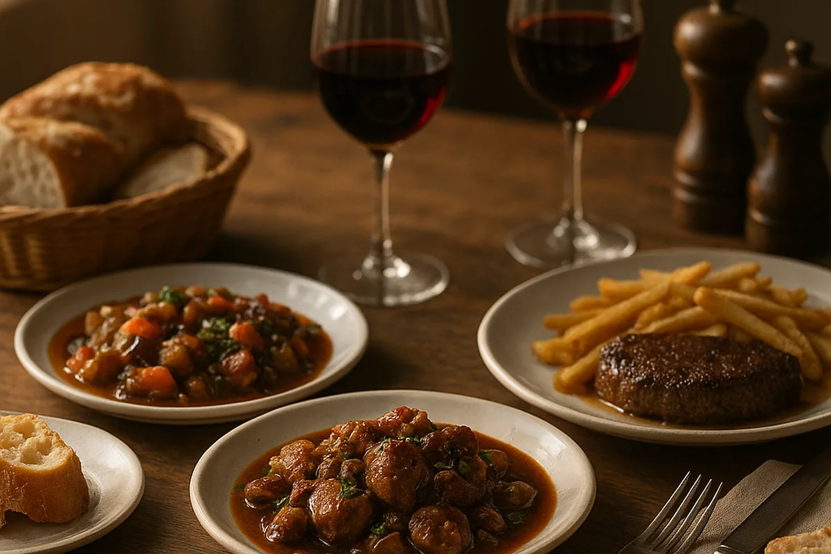 Table de restaurant dressée avec plats de bistrot et verres de vin